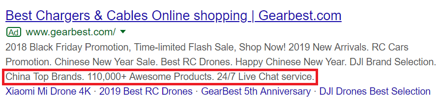 google ads callout extensions example