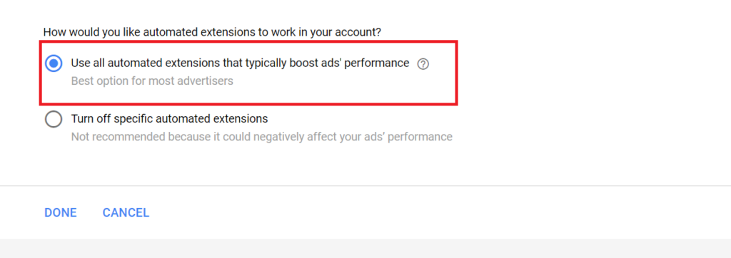 how to disable google ads automated extensions