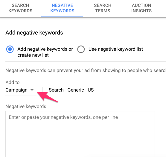 adding negative keywords to google ads campaign