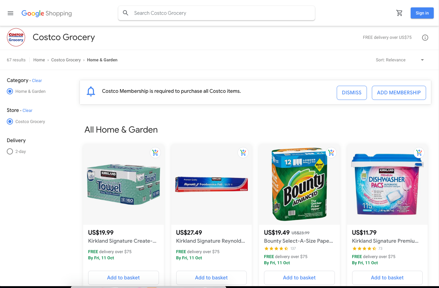 costco grocery storefront via google shopping actions express