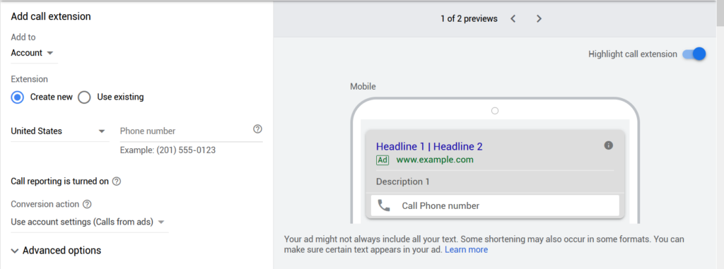 google ads call extension