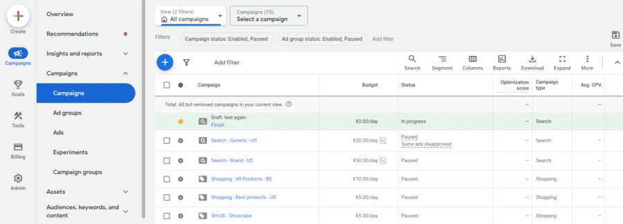 A screenshot from a Google campaigns