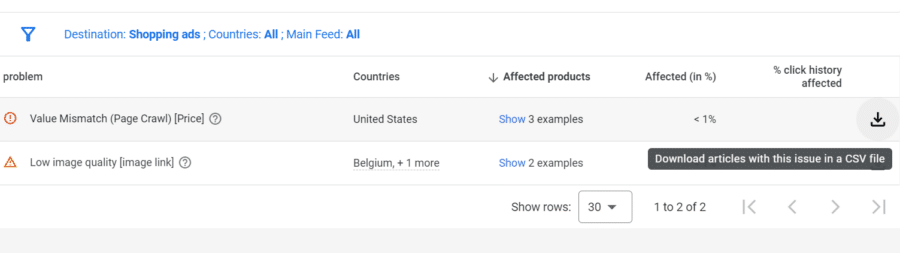 A screenshot of where to download a CSV file in Google Merchant Center